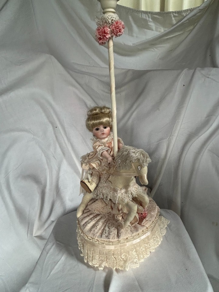 RARE Vintage Music Box wi Porcelain Doll on Carousel Horse, Pristine Condition