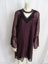 NEW DR2 XL Plum Purple Swiss Dot A Line Dress Crochet Keyhole Neck Bell Sleeve