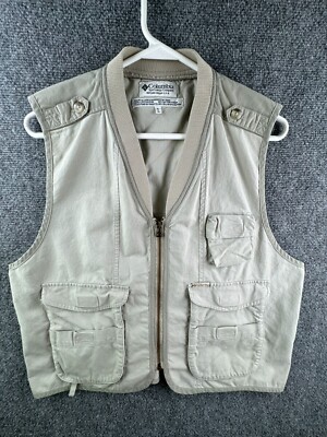 Columbia Large Fishing Best Zip Up Cargo Pockets Sleeveless Hiking Adult Beige