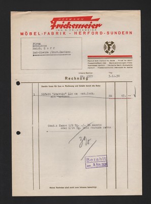 Herford-Sundern, invoice 1938, Hermann Frickemeier furniture factory