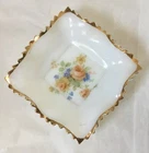 Vtg Milk Glass Dish with Roses Gold Trim Diamond Point Ruffle Sawtooth Edge 4 in