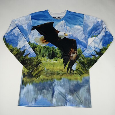 GET A LIFE Long Sleeve T-Shirt Bald Eagle All Over Print Flying Men's Size Small