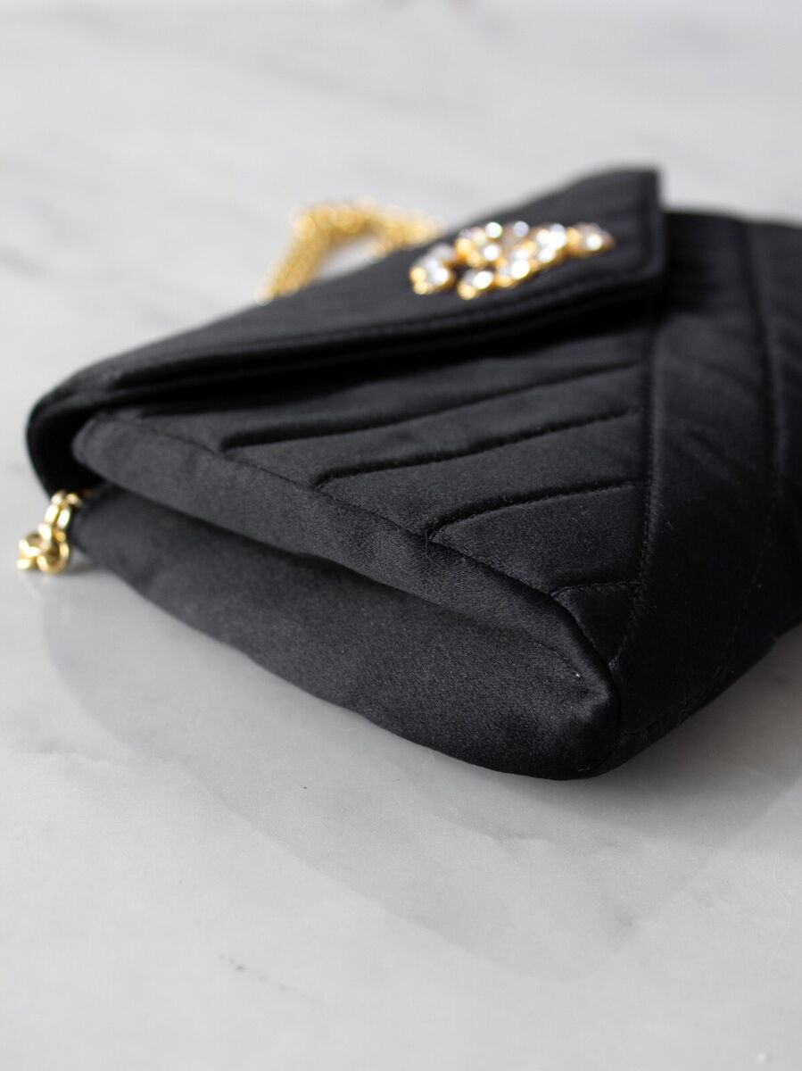 Chanel Vintage 1992 Black Gold Crystal Embellished CC Satin Chanel Vintage 1992 Black Gold Crystal Embellished CC Satin