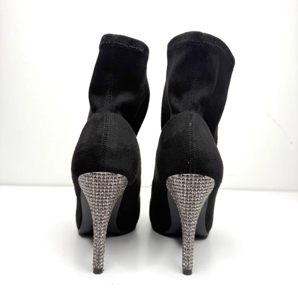 Nina Roxie Suede Rhinestone Crystal Stiletto Heel Pointed Ankle Boots 7 Black - Image 3 of 4