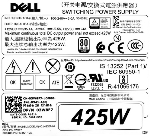 BLOCS D'ALIMENTATION DELL 3W8F7 03W8F7 425 WATTS L425EF-00 PRECISION T5820 80 PLUS OR - Photo 3/3