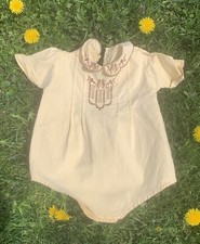 Antique Vtg Baby Boy Girl Clothing One Piece Yellow Embroidered Birds Romper