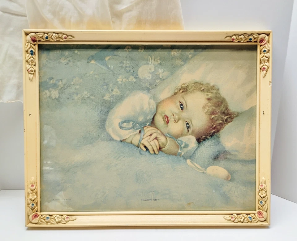 1930 "Regalo del cielo" Litografía Marco original Vestido de bebé Annie Benson Muller Foto 2 de 4