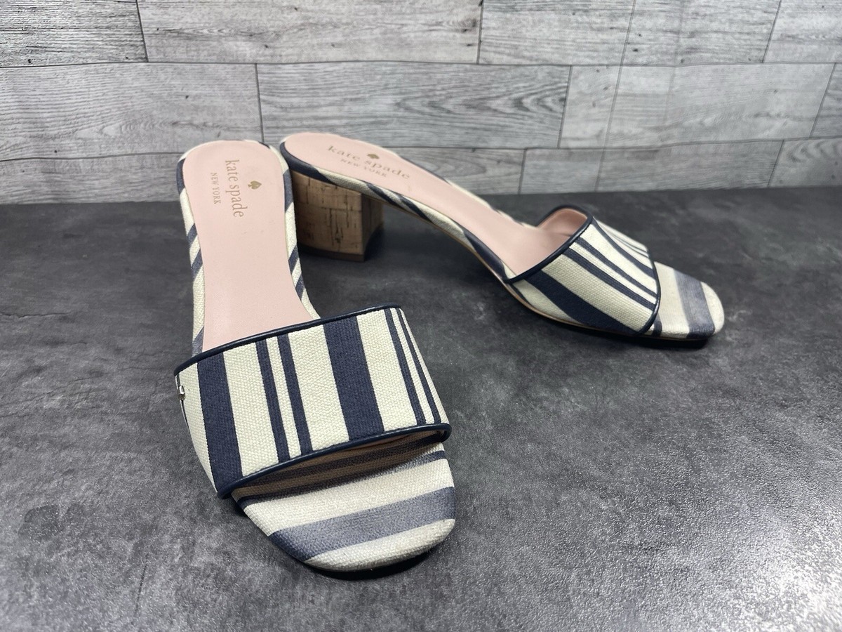 Kate Spade New York Slides Women  8.5 B Cambrey Shoes Blue Beige Canvas Striped