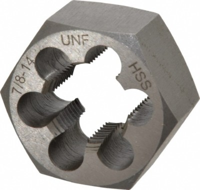 7/8-14 UNF RH Thread, 1-5/8'' Hex Rethreading Die High Speed Steel, 7/8'' Thick