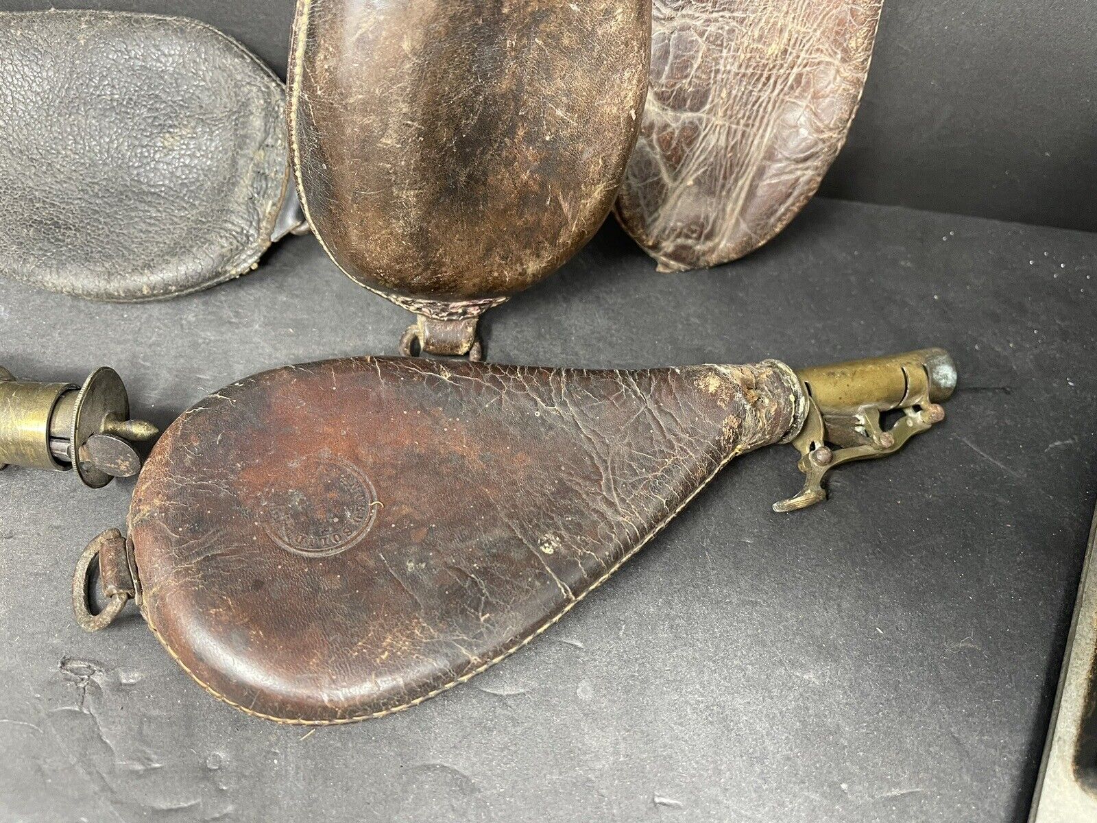 Antique Civil War Era Hunting Leather & Brass Black Powder Caps Flask