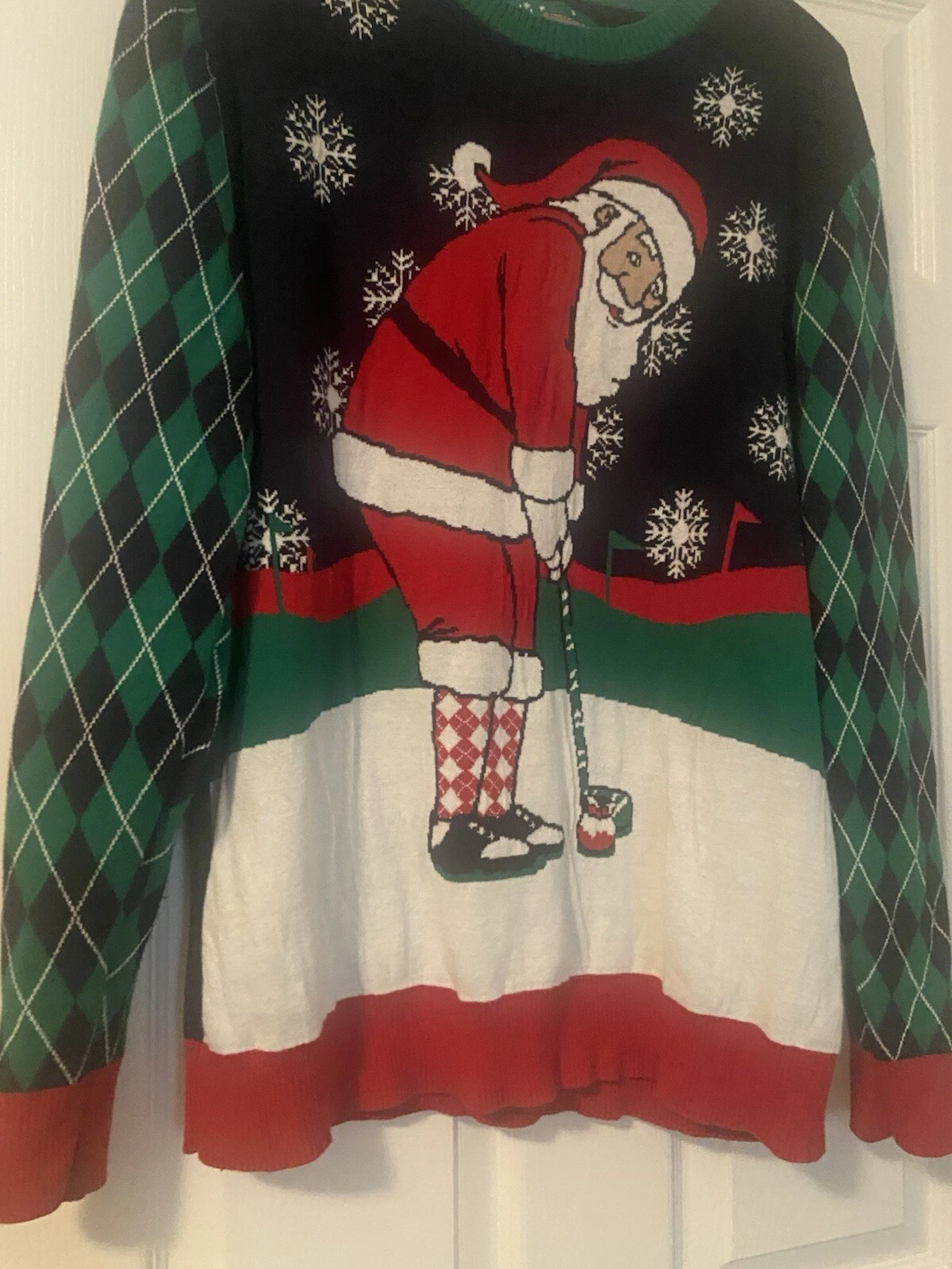 Ugly Christmas Sweater GOLF Santa XXLarge With Argyle Sleeves