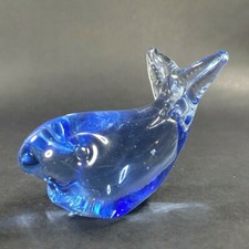 Vintage Hand Blown Art Glass Whale Fish Figurine Paperweight Blue 3.25 inch