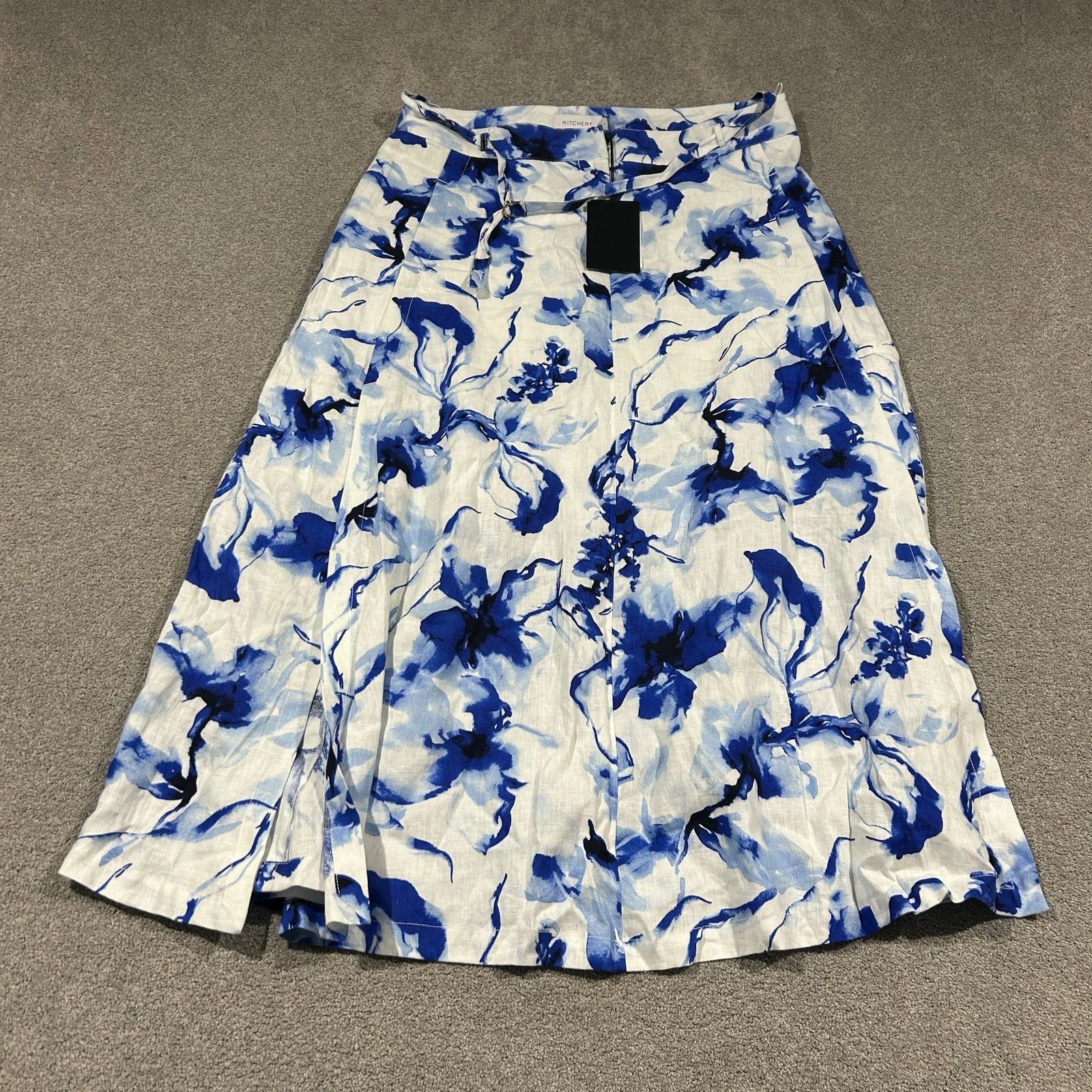 Witchery Marble Ink Wrap Skirt Size 16 Blue Watercolour Floral Linen Summer Boho