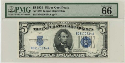 1934 $5 Silver Certificate Blue Fr# 1650 PMG Gem 66EPQ | eBay