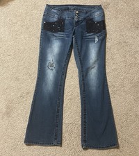 No Boundaries Pants Women 9 Blue Denim Jeans Flared Light Wash Cotton Distressed