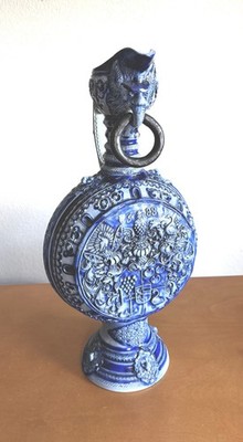Antique 1588 Westerwald Cobalt Blue Salt-Glazed Stoneware Jug w/Lion Head Spout