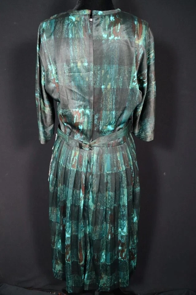 Vintage Deadstock 1960'S Jamais Worn Vert Imprimé Robe Avec Tags Taille 8-10 - Photo 3/4