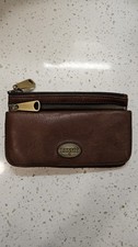 Vintage Fossil Brown Leather Wallet Key Case Coin Pouch Brass Logo Y2K