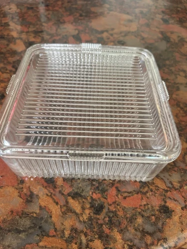Vintage Ribbed Clear Glass Refrigerator /Icebox Square Dish w/ Lid 8.5" Perfect