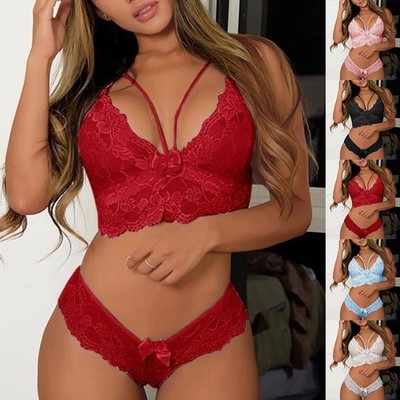 Damen Spitze Sexy Push Up BH Set Erotik Dessous Reizwäsche Schlüpfer G-String DE