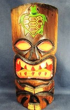 Tiki Mask Hand Carved Wood w/Sea turtle Hanging Wall Decor