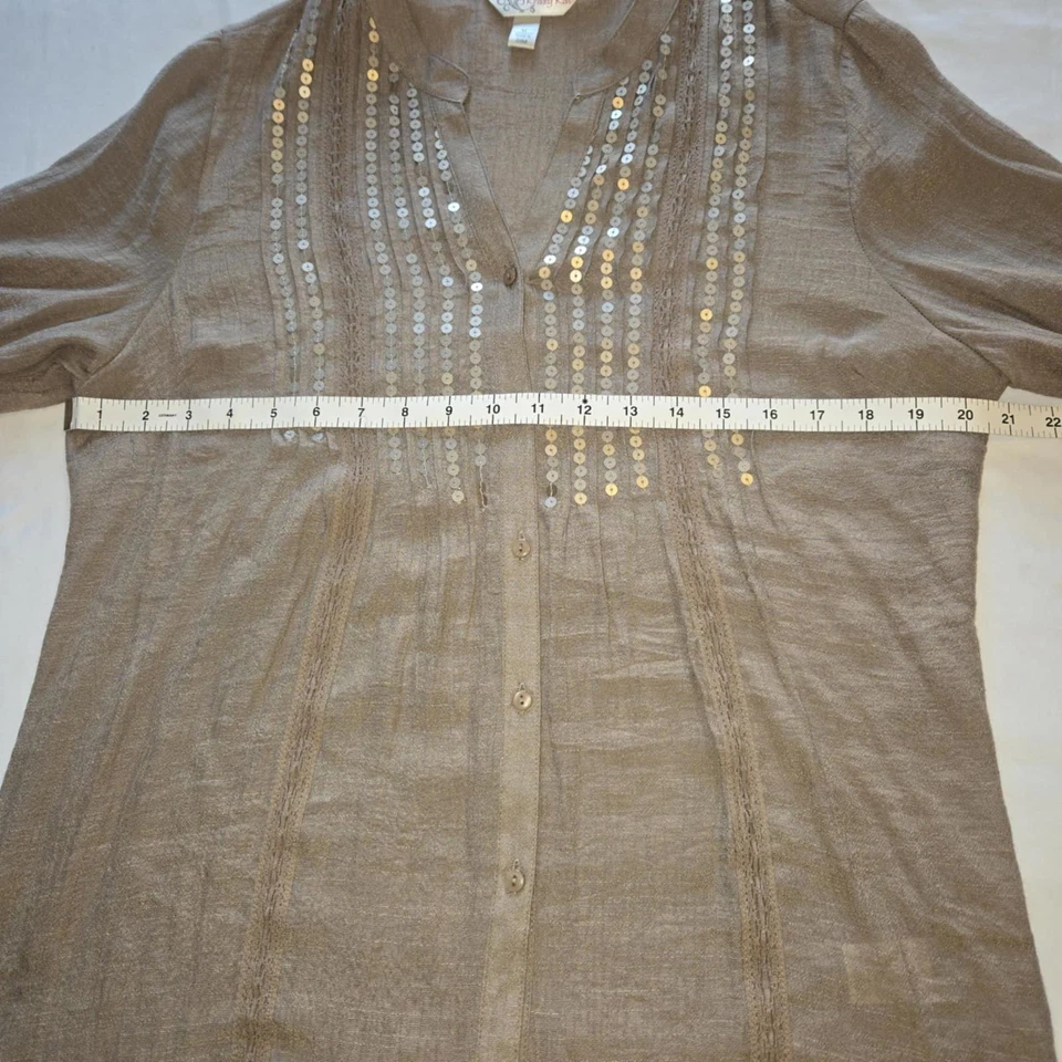 Camisa Krazy Kat Mujer M Taupe Manga 3/4 Lino Informal Abotonada Lentejuelas Foto 2 de 4