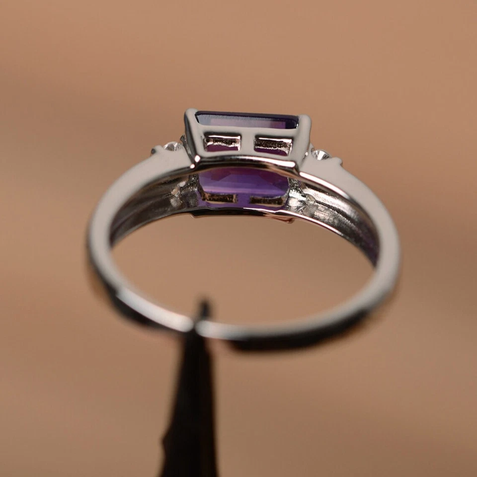 Natural Amethyst Women Ring Natural Gemstone Emerald Cut 925 Sterling Silver - Image 4 of 4