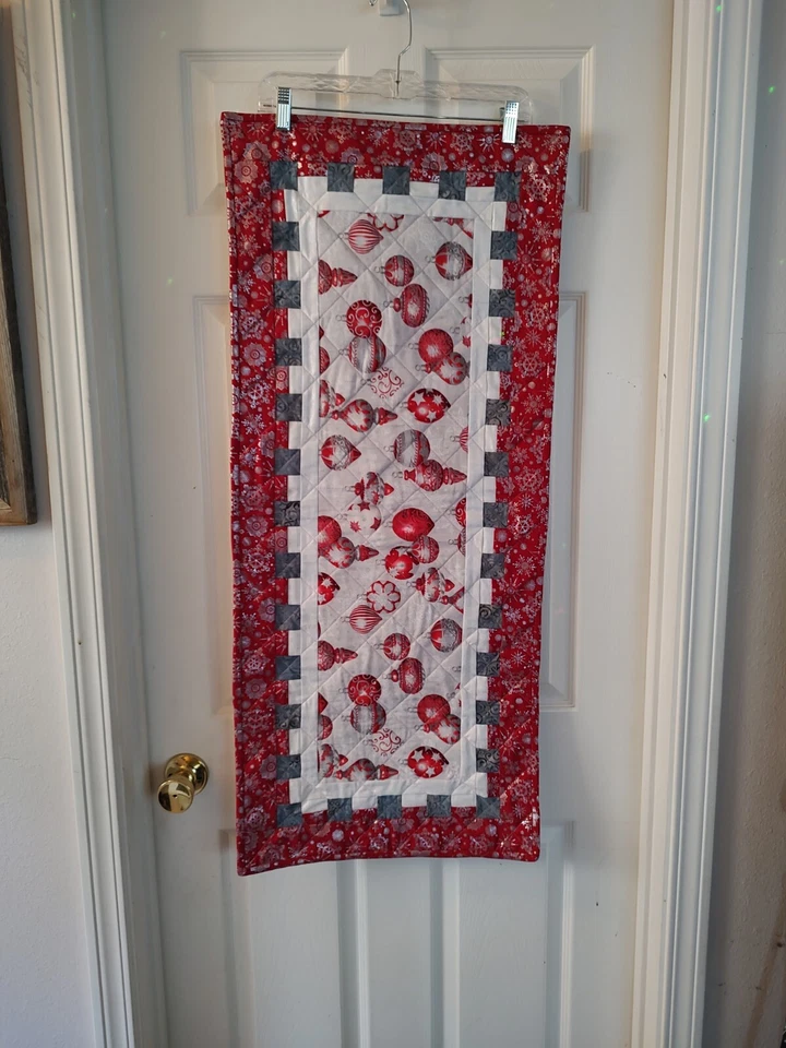 Christmas Table Runner NEW Quilted With Silver Accents 18"x40" Red White Silver  - Image 2 of 3