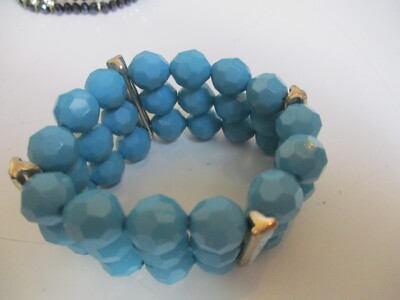 Turquoise Blue Beaded Stacking Stretch w GoldTone accents Boho Bracelet Stack