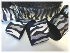 LAST 1 - 4 YARDS - 1.5 BLACK SILVER METALLIC ZEBRA STRIPE GROSGRAIN RIBBON