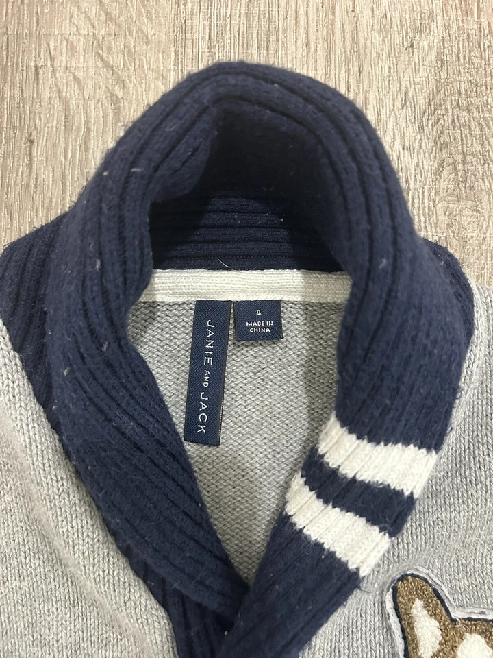 Janie and Jack Boy's Grey Blue Bulldog Cardigan Sweater Shawl Collar 5 - Image 4 of 4