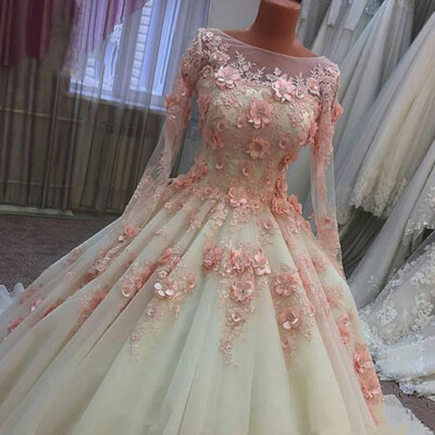 Elegant Pink Boho Wedding Dresses Princess Lace Long Sleeve Ruffles Bridal  Gowns