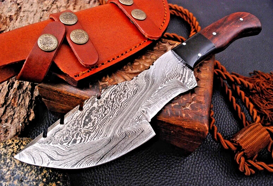 Cuchillo de caza rastreador táctico Bushcraft - forja manual acero Damasco 1818 Foto 2 de 4