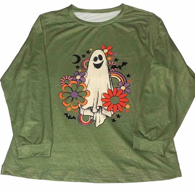NEW Womens 1970's Themed Halloween Ghost with flowers and rainbows 1XL Teeshirt