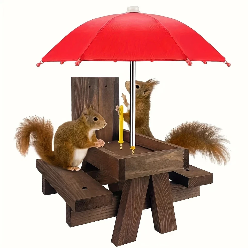 Recycled Wood Squirrel Feeder Red Umbrella Weather Resistant Design Garden Paito - Image 3 of 4