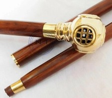 Shiny Brass Finished Diving Head Handle 3 Fold Wooden Walking Stick