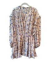 Free People Cream & Blue Floral Button Drawstring Waist Peasant Dress Granny Lrg