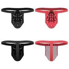 Men's Jockstrap Underwear Faux Leather Thong Underwear G-String Low Rise Brief