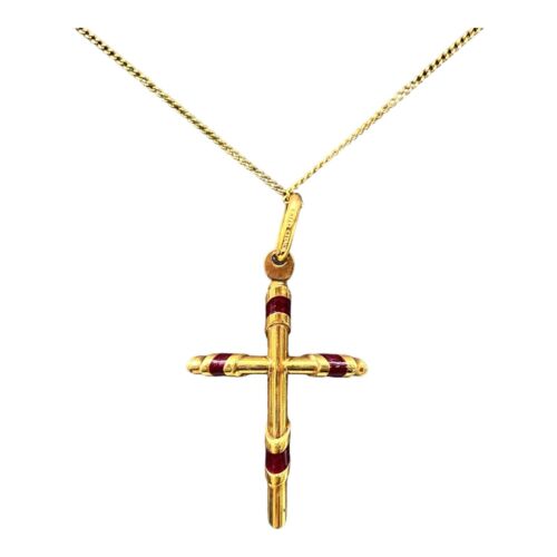 9ct 9k Yellow Gold Tubular Crucifix Cross Pendant Red Enamel 2.30 Grams. New - Picture 3 of 8
