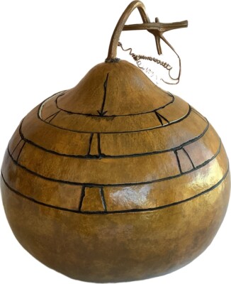 Hand Carved Dried Gourd Shellacked With Lid  11  Tall Signed PKP 1998