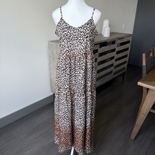 Brown Beige Animal Print Maxi Dress Spaghetti Strap Sleeveless V-Neck