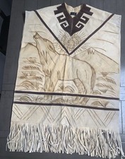 B3 MEXICAN NATIVE LEATHER HAND MADE ART WEAR FRINGED PONCHO HOWLING WOLF DESIGN