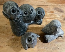 WOLF ORIGINAL SCULPTURES Carved Soapstone Style Canadian Canada Owls Birds x3