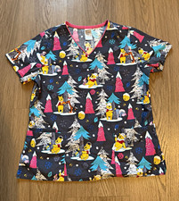 Disney Winnie the Pooh Print V-Neck Scrub Top Women  s M Black Multicolor