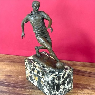 Bronze Soccer Player Statue on Marble Footballer Shooting Gift Sport Art Decor