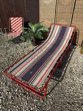Vintage Sun Lounger 70/80s Cream Blue Striped Garden Camping Retro Sun Bed