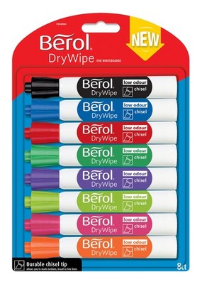 Berol Dry Wipe Whiteboard Marker Pens   Chisel Tip   Assorted Colours   8 Count 