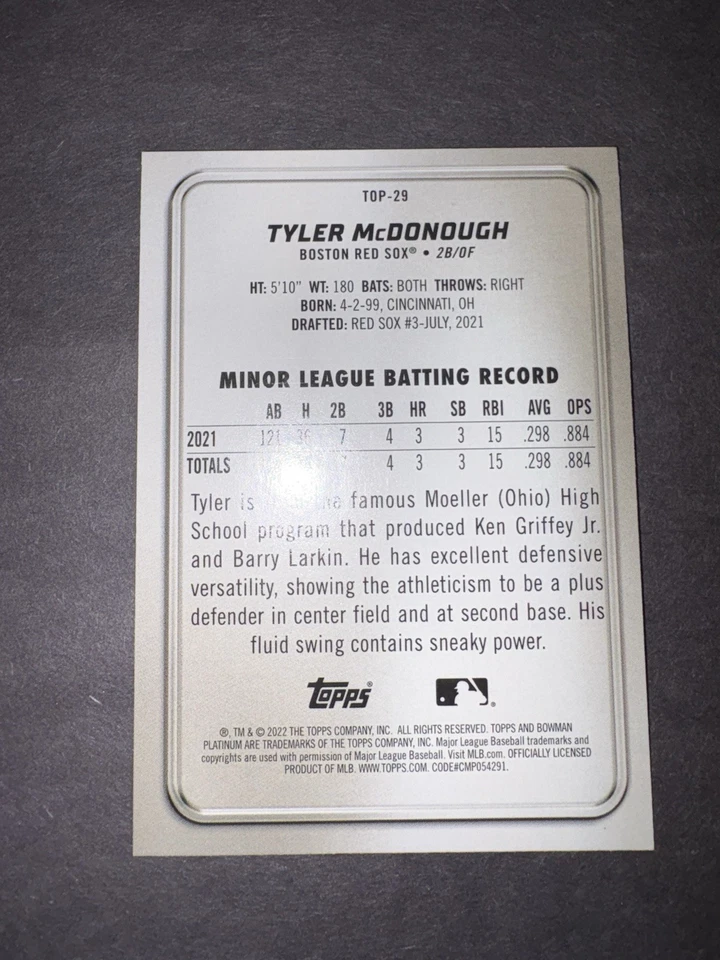 2022 TOPPS BOWMAN PLATINUM ICE FOIL BASEBALL CARD TYLER MCDONOUGH #TOP-29 MLB - Image 2 of 2