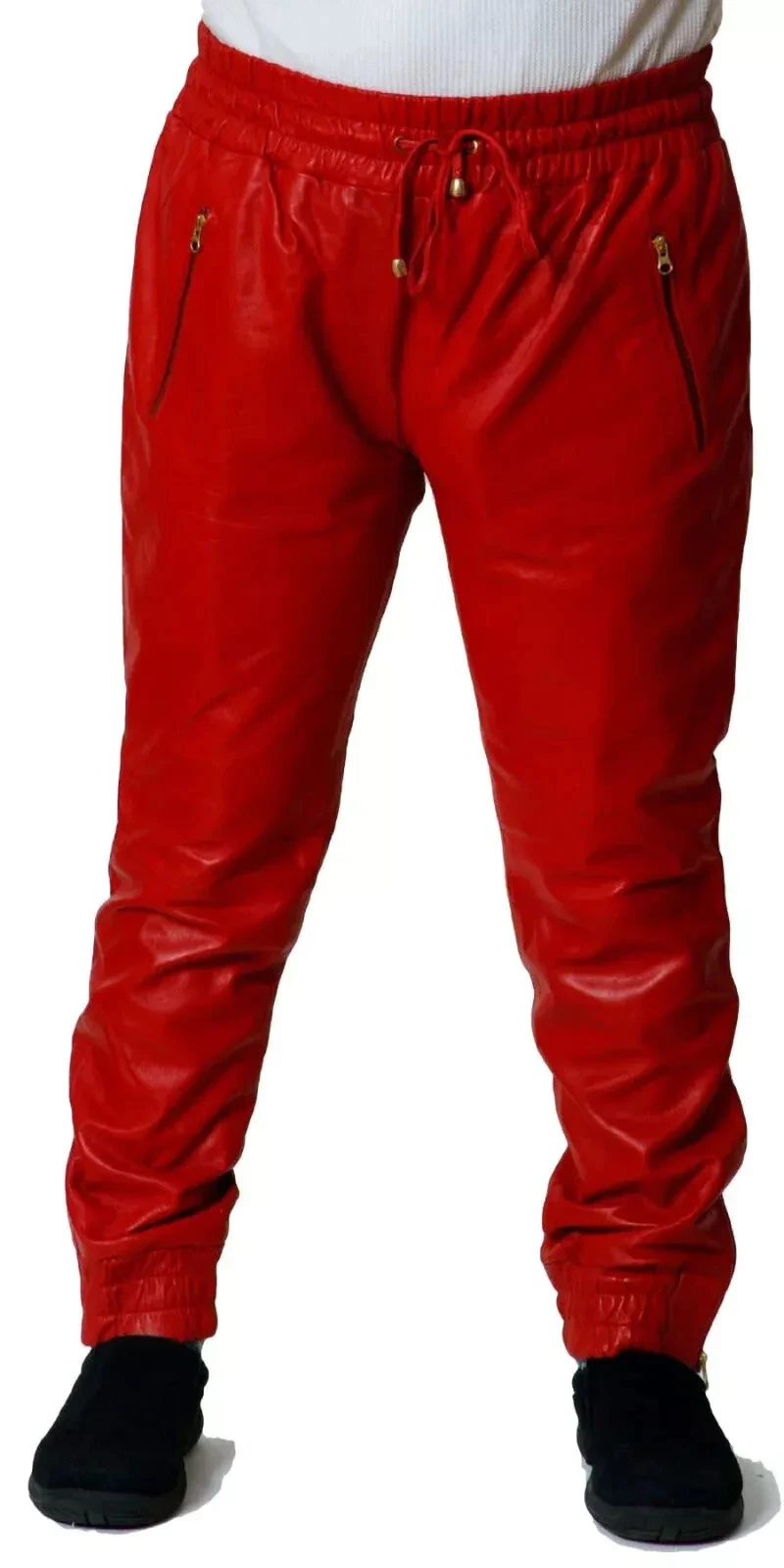Men's RED real Leather Jogger Pants Elastic Cuffs Stylish Urban Fit