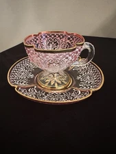 Antique Moser Quatrefoil Tea Cup Saucer Clean Pink Glass Enameled Gold
